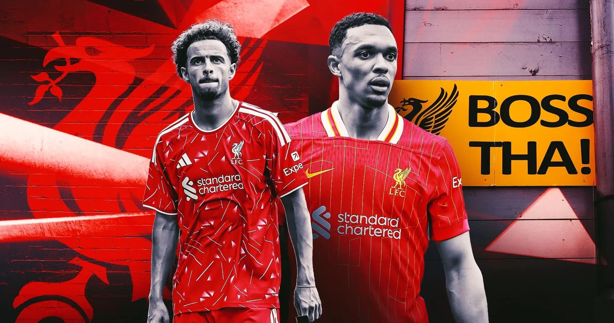 Jugadores de Liverpool con camisetas en fondo rojo Jugadores de Liverpool con camisetas en fondo rojo