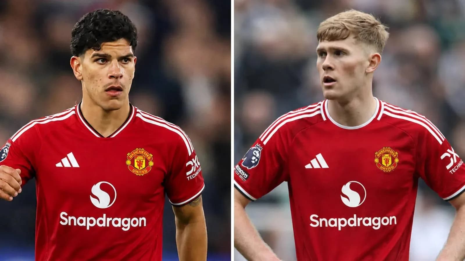Dos jugadores de Manchester United en uniforme rojo Dos jugadores de Manchester United en uniforme rojo