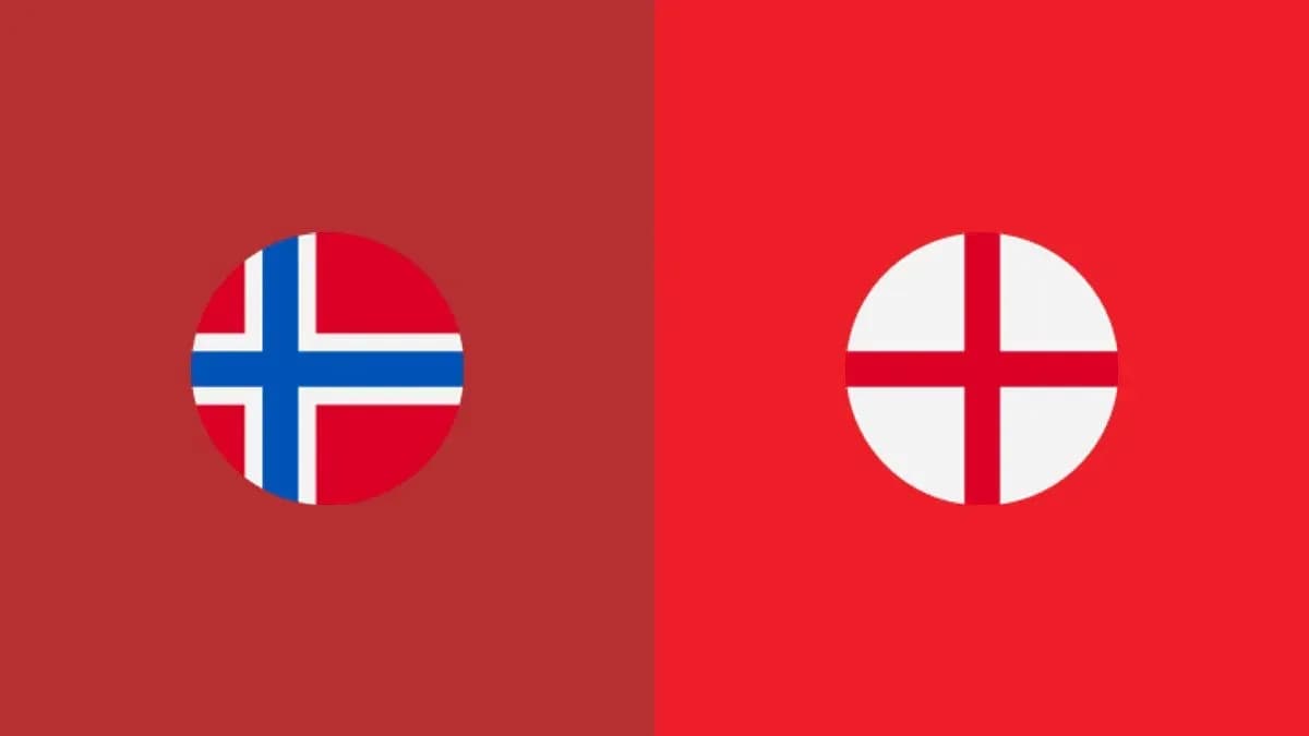 Banderas de Noruega e Inglaterra en fondo rojo Banderas de Noruega e Inglaterra en fondo rojo
