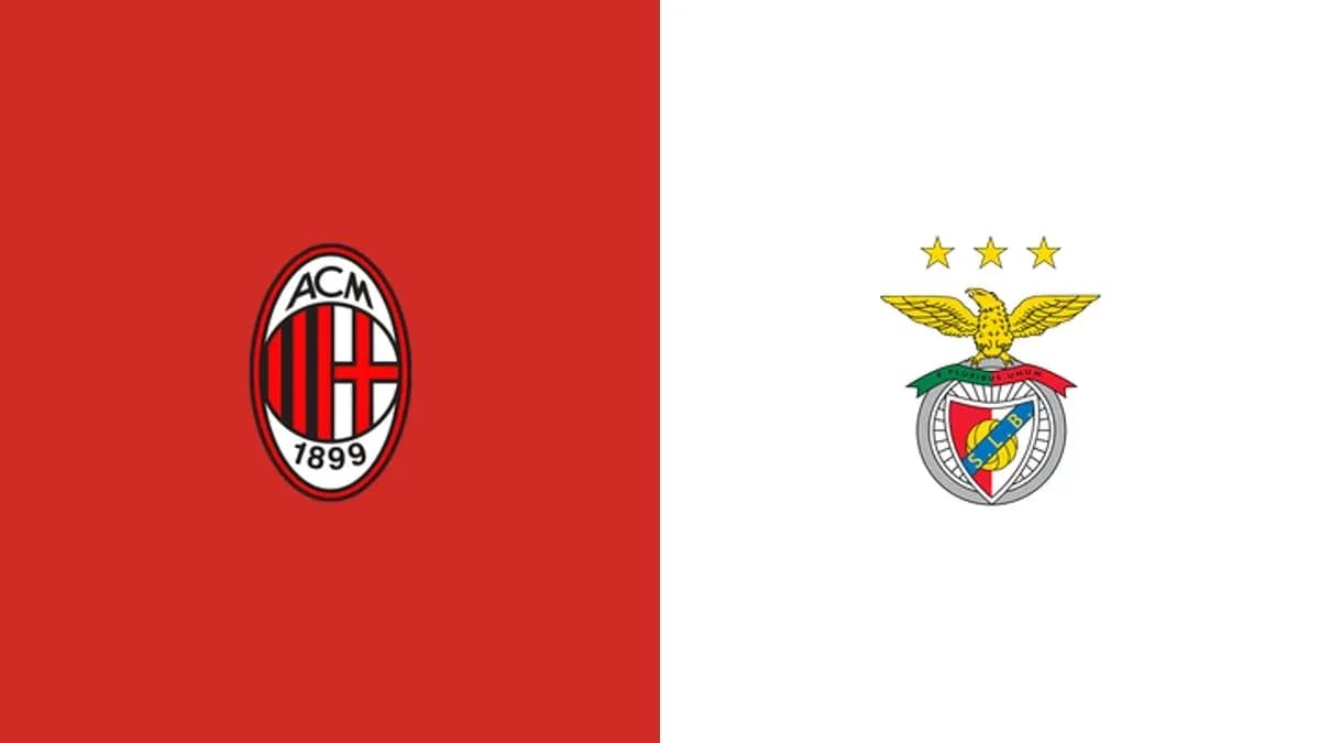 Logos de AC Milan y Benfica en fondo colorido Logos de AC Milan y Benfica en fondo colorido