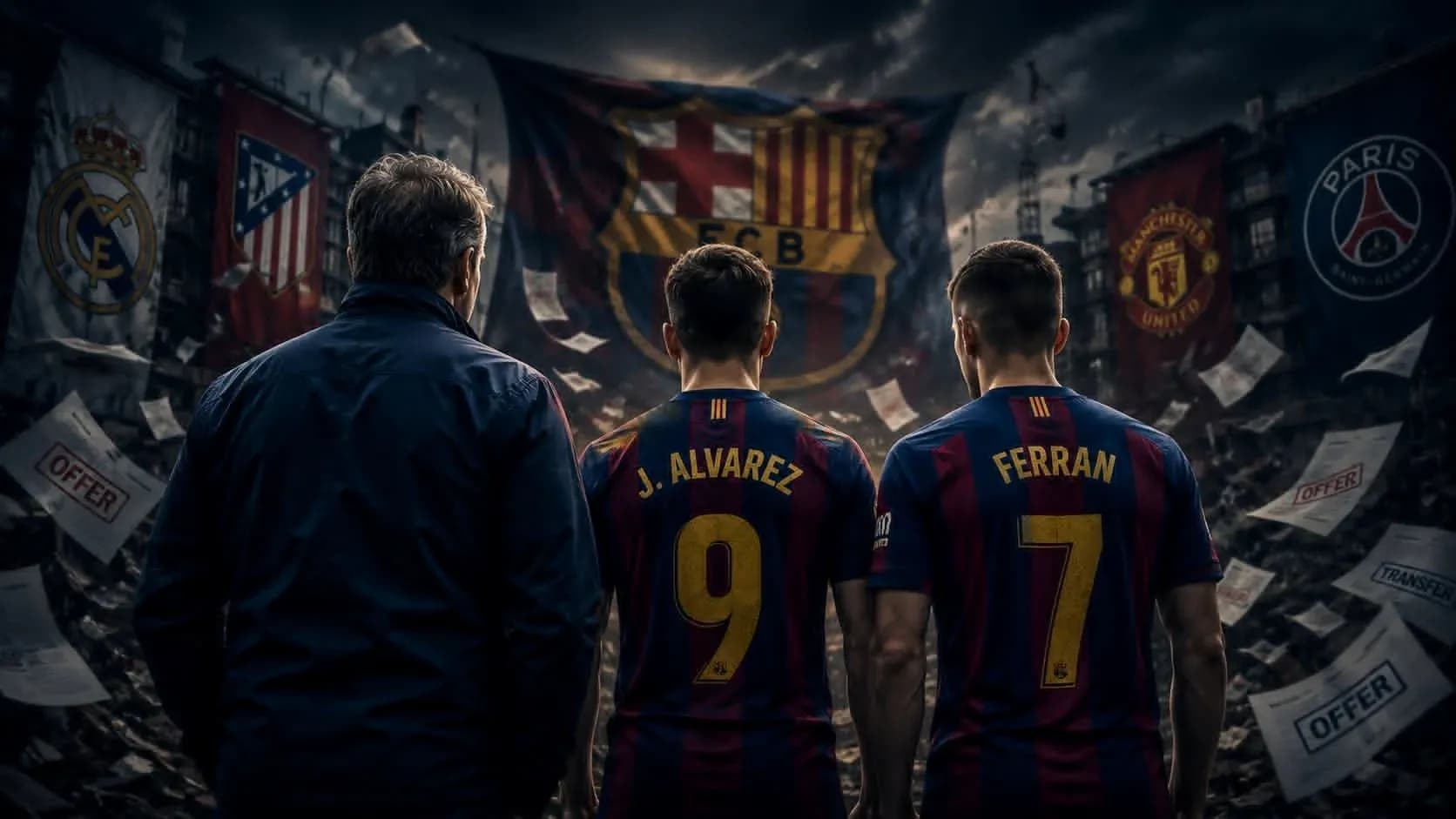 Jugadores de Barcelona con camisetas en fondo de banderas Jugadores de Barcelona con camisetas en fondo de banderas