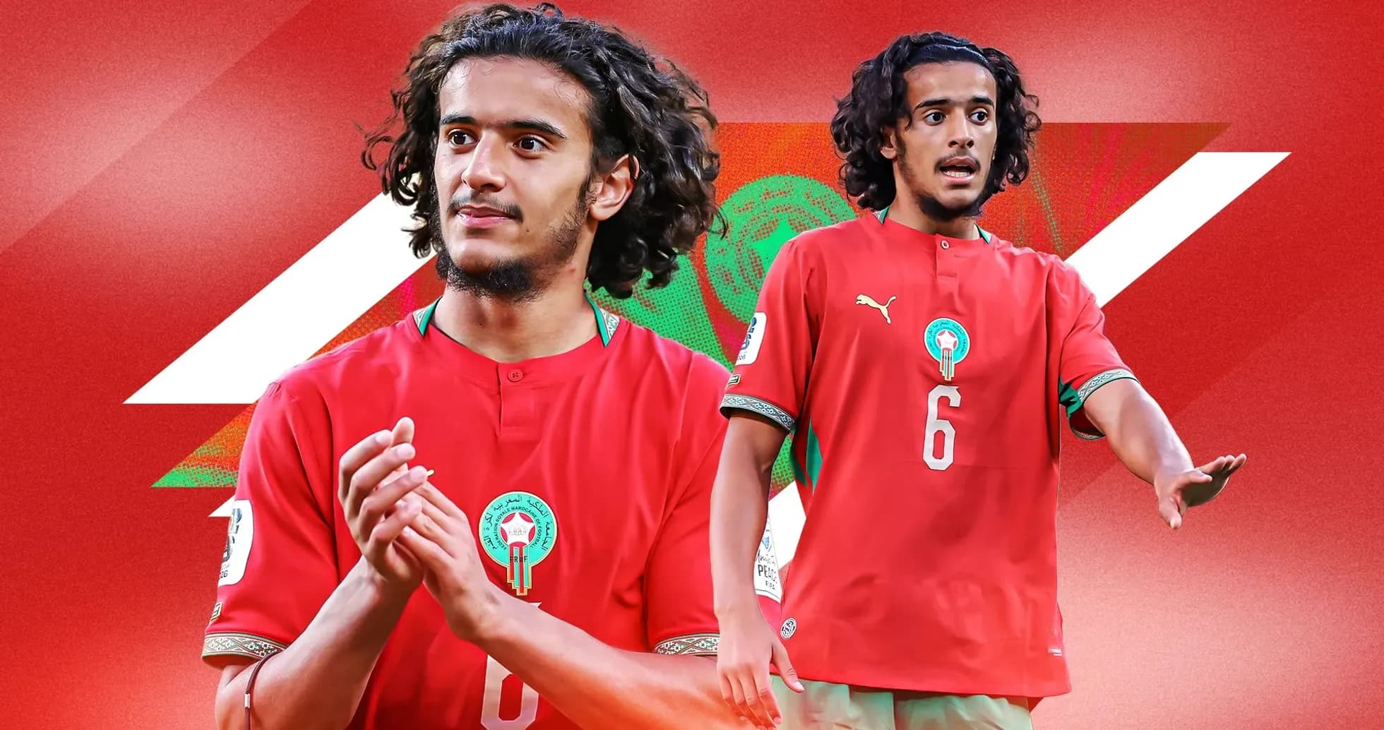Jugador de Marruecos en camiseta roja durante partido Jugador de Marruecos en camiseta roja durante partido