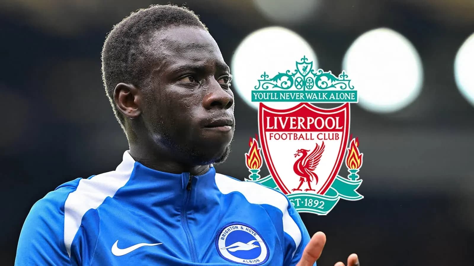 Jugador de Brighton con logo de Liverpool de fondo Jugador de Brighton con logo de Liverpool de fondo