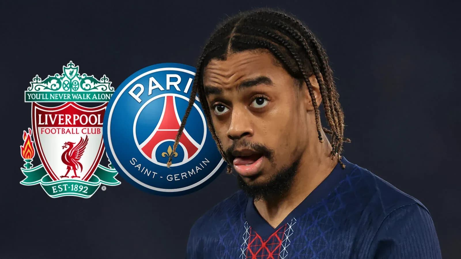 Jugador con camisetas de Liverpool y PSG en fondo oscuro Jugador con camisetas de Liverpool y PSG en fondo oscuro