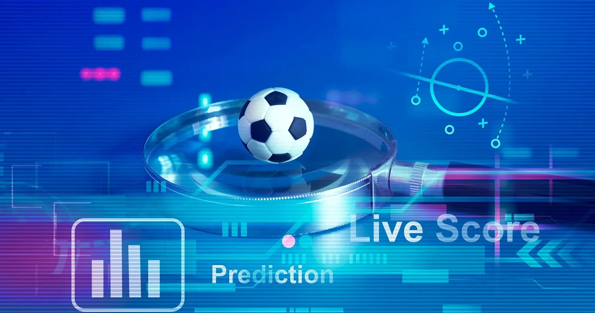 Balón de fútbol sobre una lupa con gráficos Balón de fútbol sobre una lupa con gráficos
