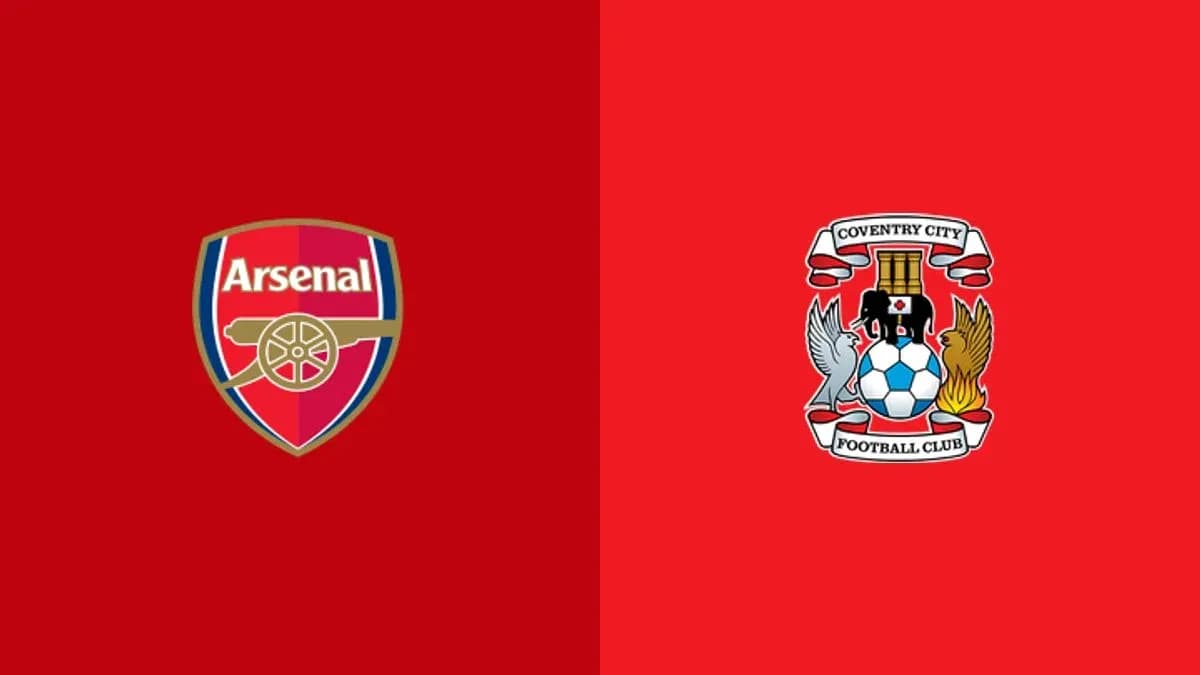Logos de Arsenal y Coventry City en fondo rojo Logos de Arsenal y Coventry City en fondo rojo