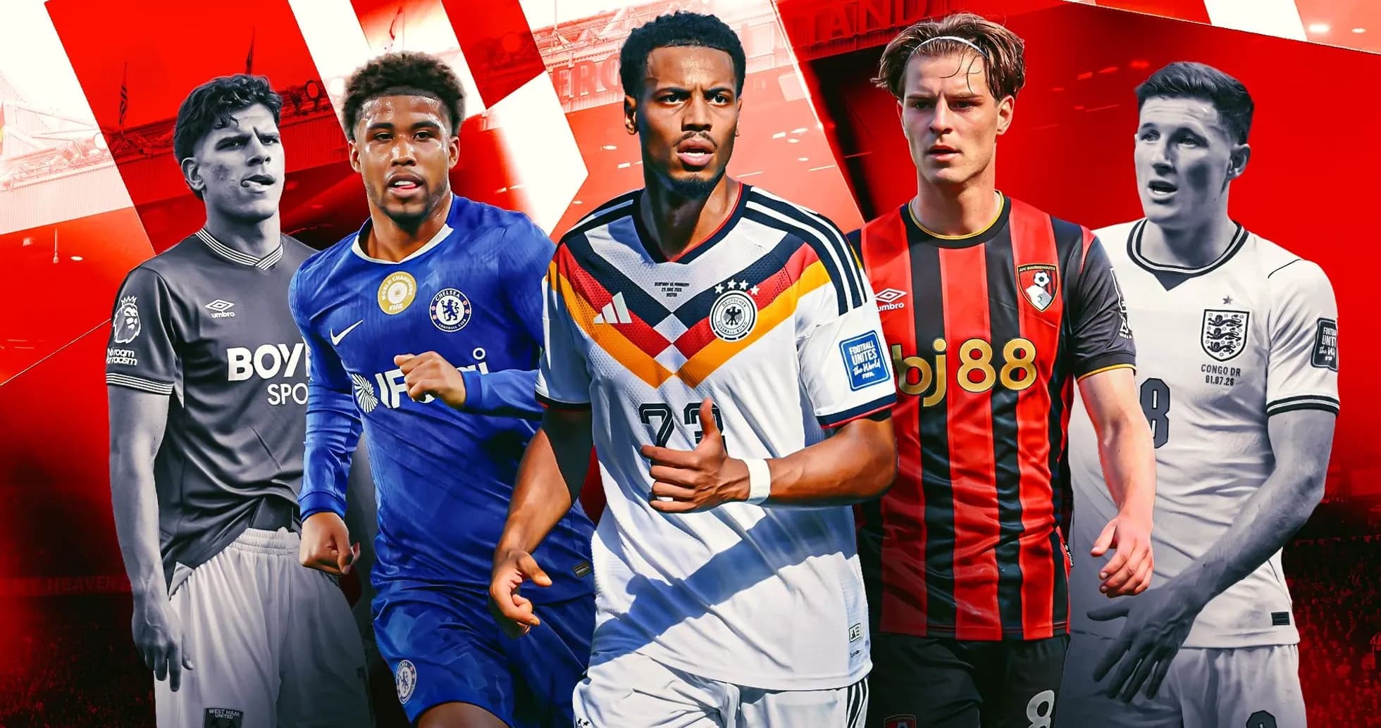 Cinco futbolistas en diferentes camisetas de equipos Cinco futbolistas en diferentes camisetas de equipos