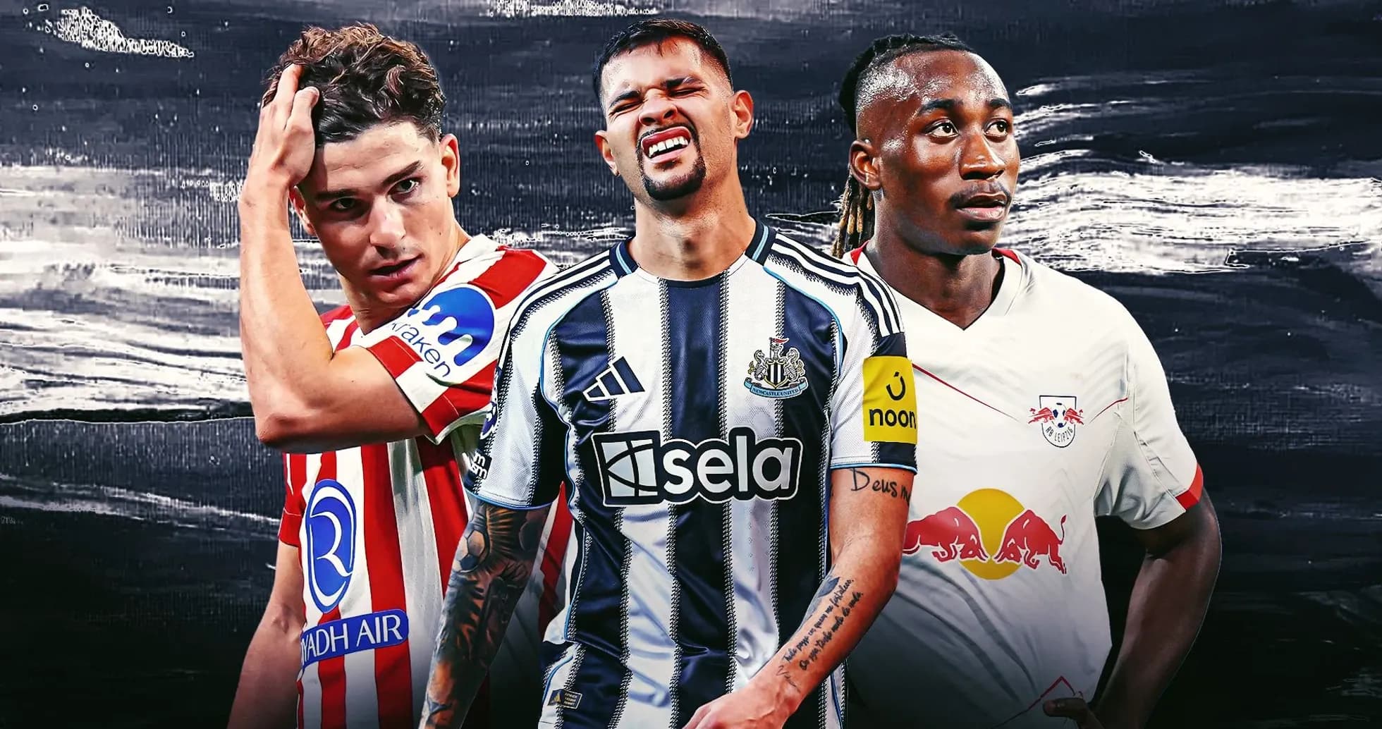 Tres jugadores de fútbol en camisetas de clubes Tres jugadores de fútbol en camisetas de clubes
