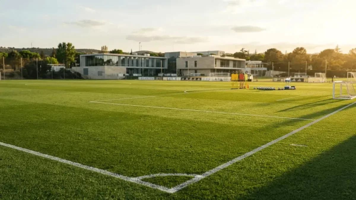 Campo de entrenamiento con conos y balones Campo de entrenamiento con conos y balones