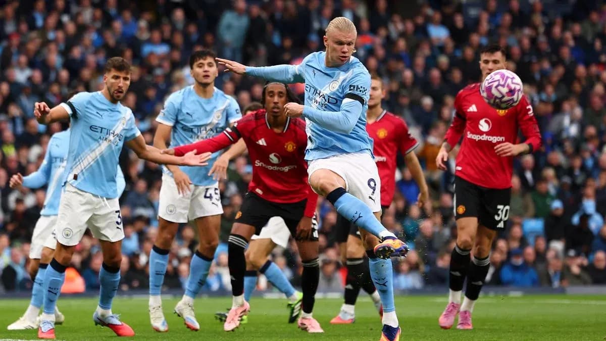 Erling Haaland kicking ball during Manchester derby Erling Haaland kicking ball during Manchester derby