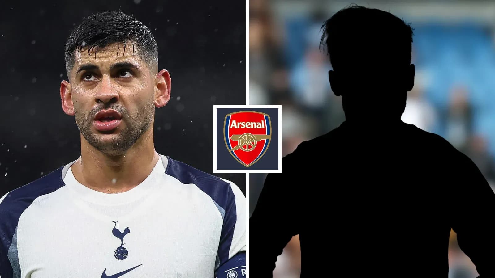 Jugador de Tottenham junto al escudo de Arsenal Jugador de Tottenham junto al escudo de Arsenal