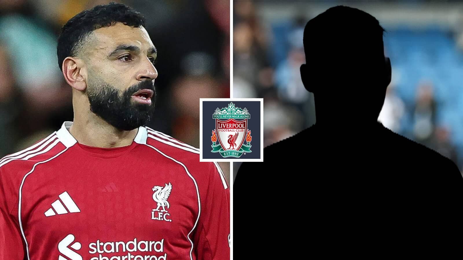Mohamed Salah en uniforme de Liverpool junto a silueta Mohamed Salah en uniforme de Liverpool junto a silueta