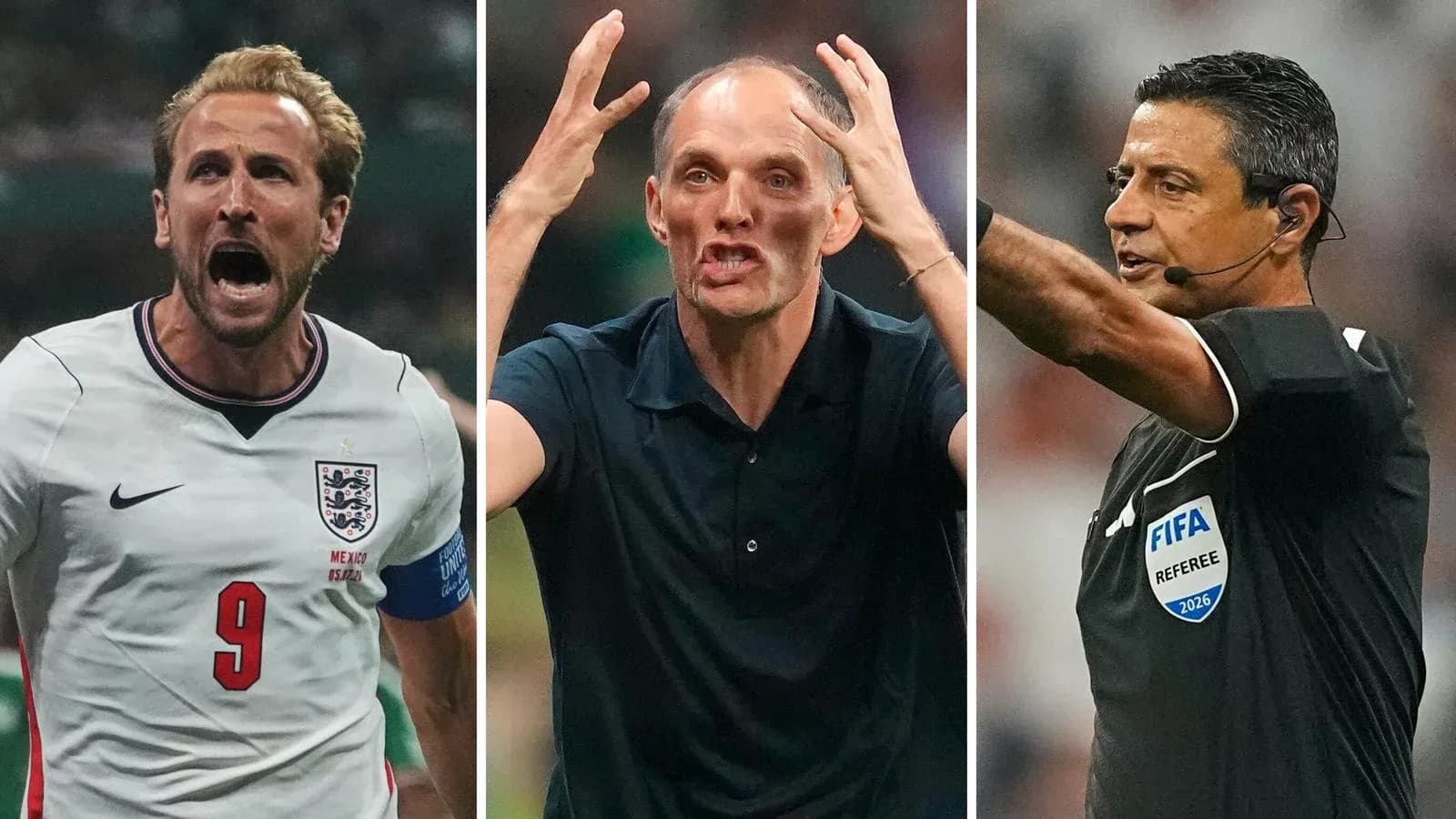Harry Kane, Thomas Tuchel, y árbitro durante un partido Harry Kane, Thomas Tuchel, y árbitro durante un partido